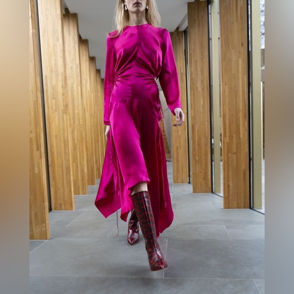 MATERIEL TBILISI Asymmetric Cutout Silk-satin Midi Fuchsia Dress Size 8 - Picture 1 of 10